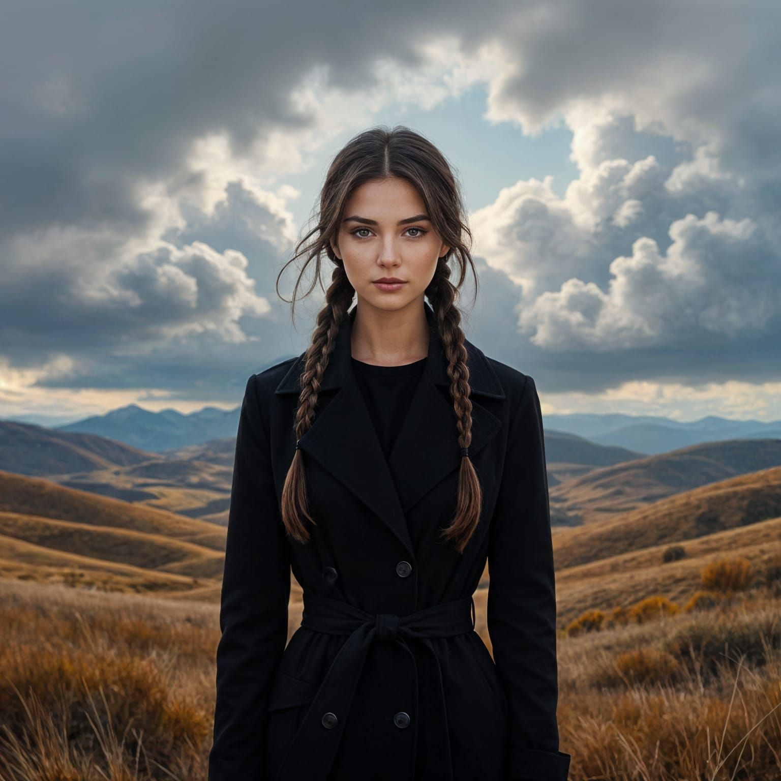 Brunette Woman in Black Coat Amidst Scenic Landscape