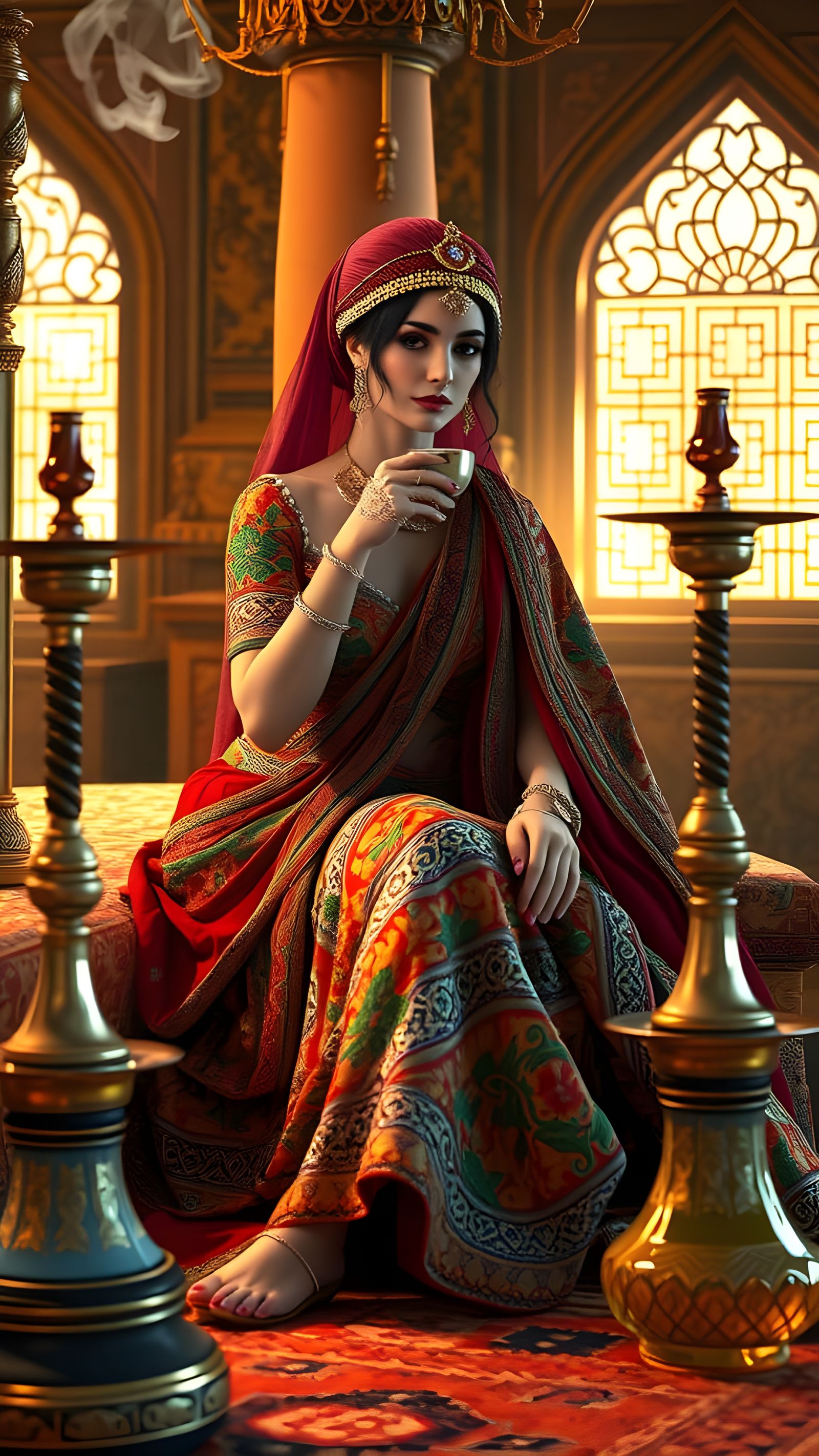 Eastern Fantasy Princess Sips Chai in Opulent Setting