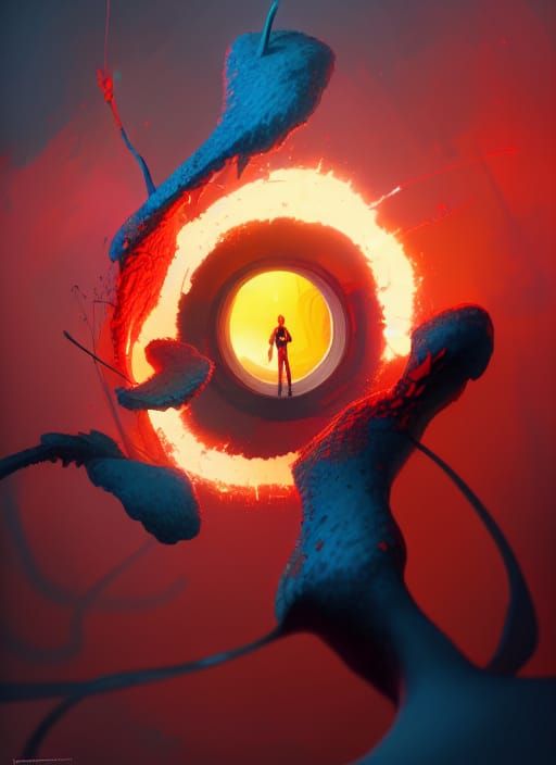 Fiery Claymation Portal: Bold Expressionist Composition