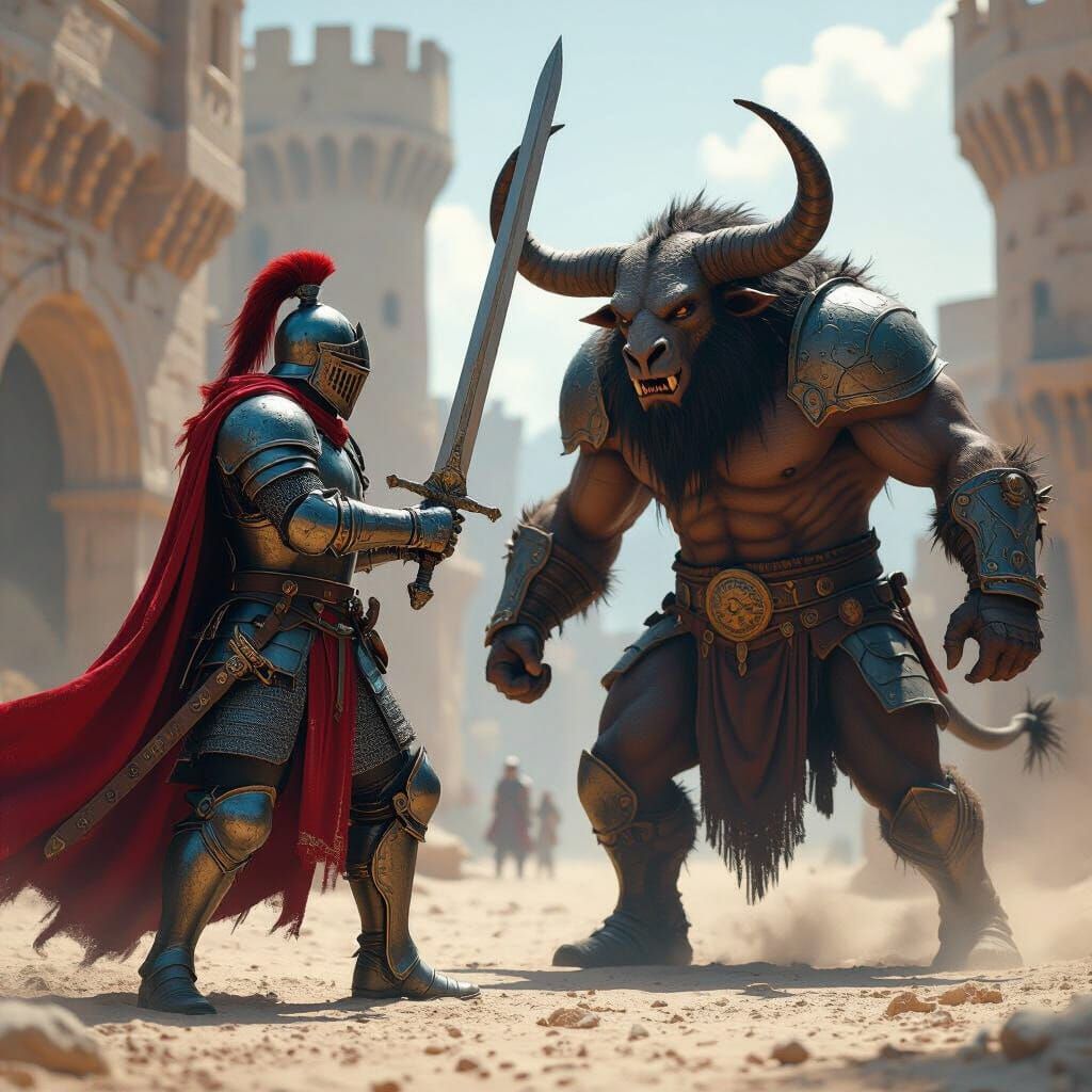 Knight Battles Minotaur in Epic Fantasy Matte Painting