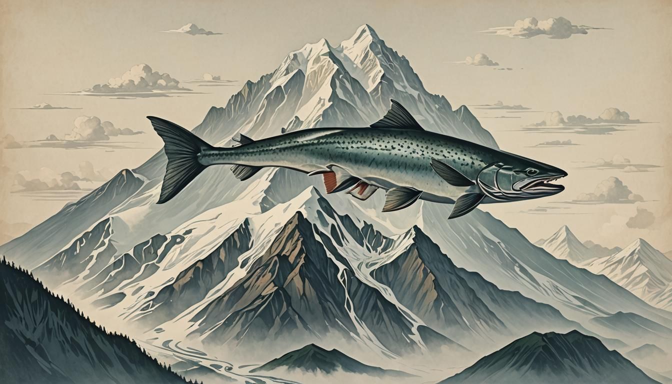 Fish-Shaped Mountain with Flying Salmon