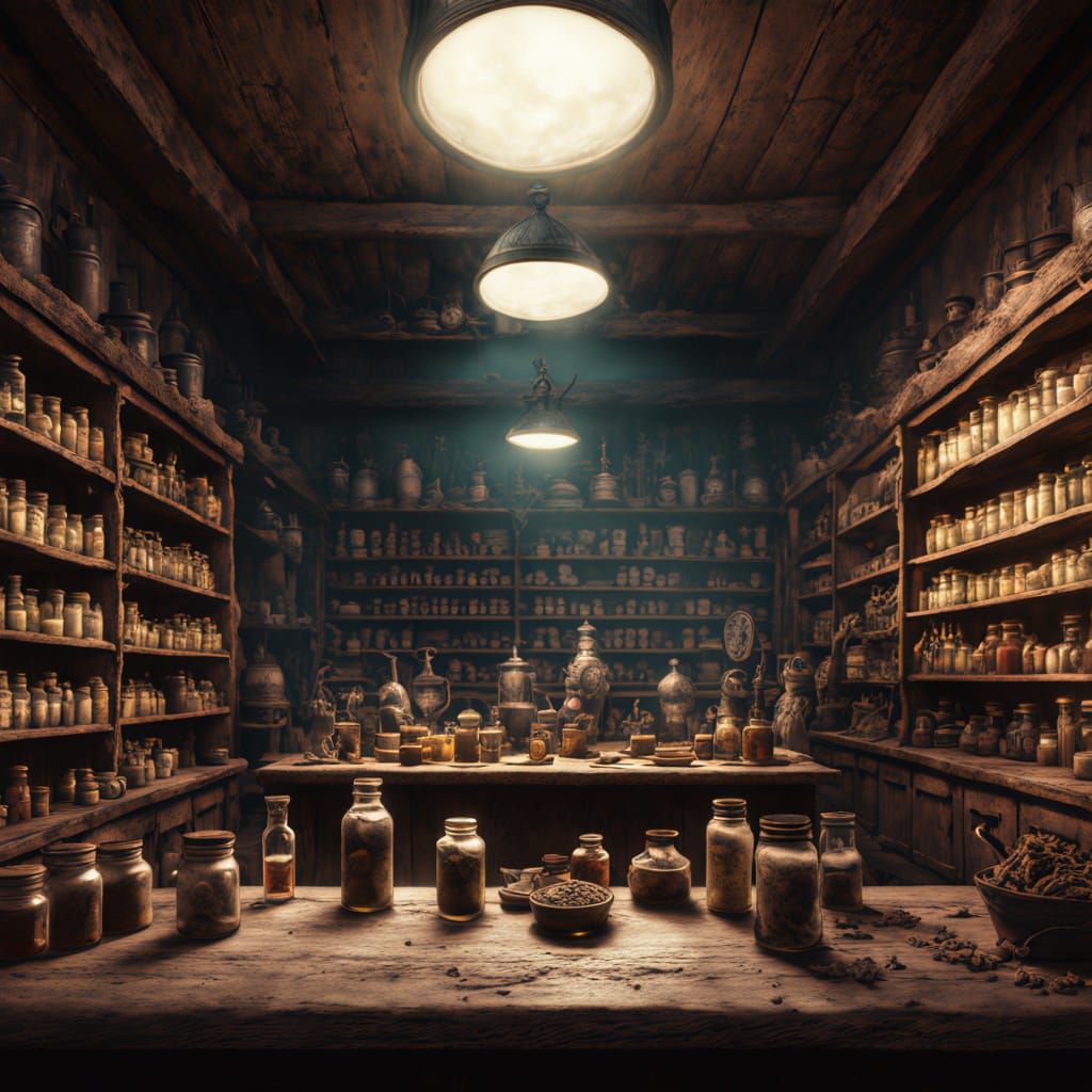 Surreal Apothecary Interior in Warm, Golden Light