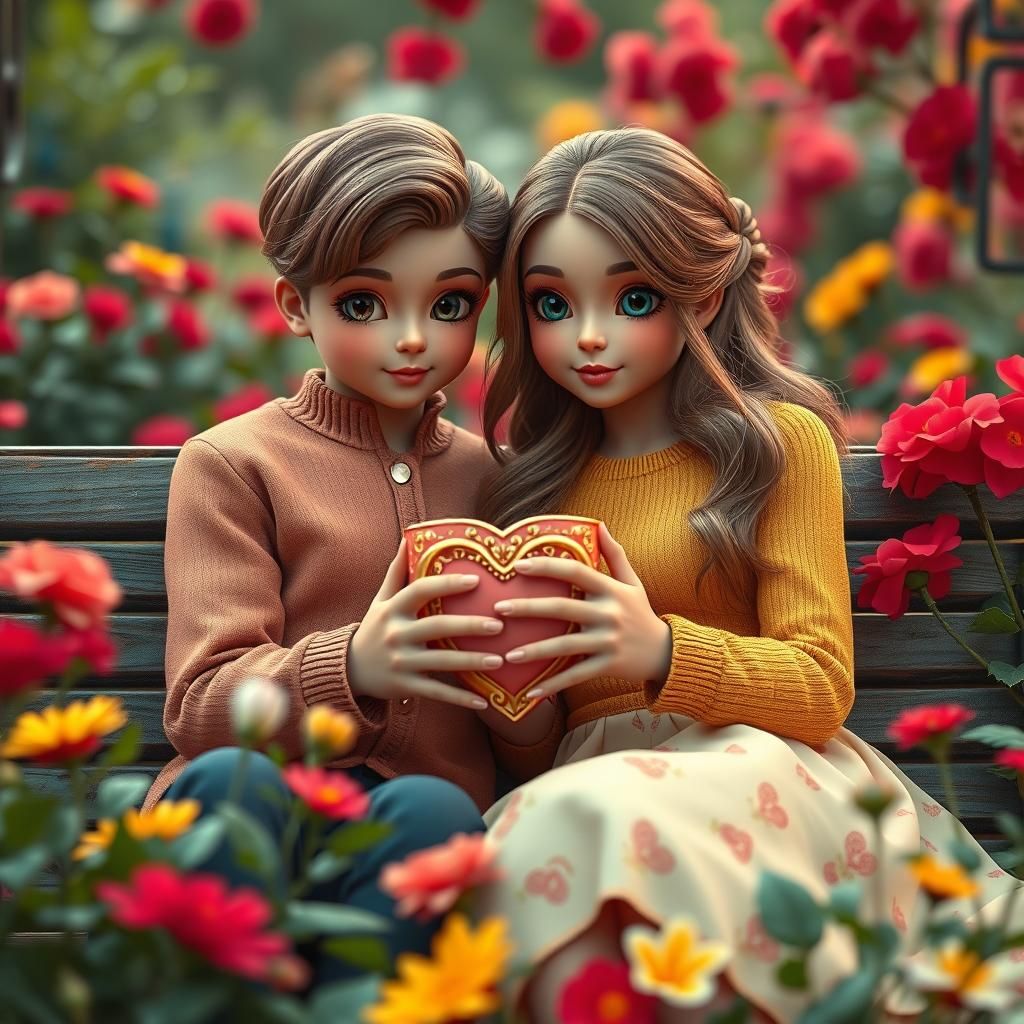 Cute Cup Lovers in Flower Garden: Fantasy Art