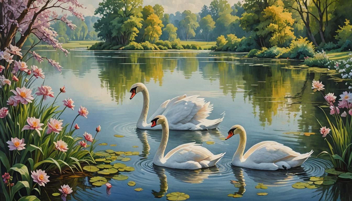 Romantic Swans on Lake in Gouache Watercolor
