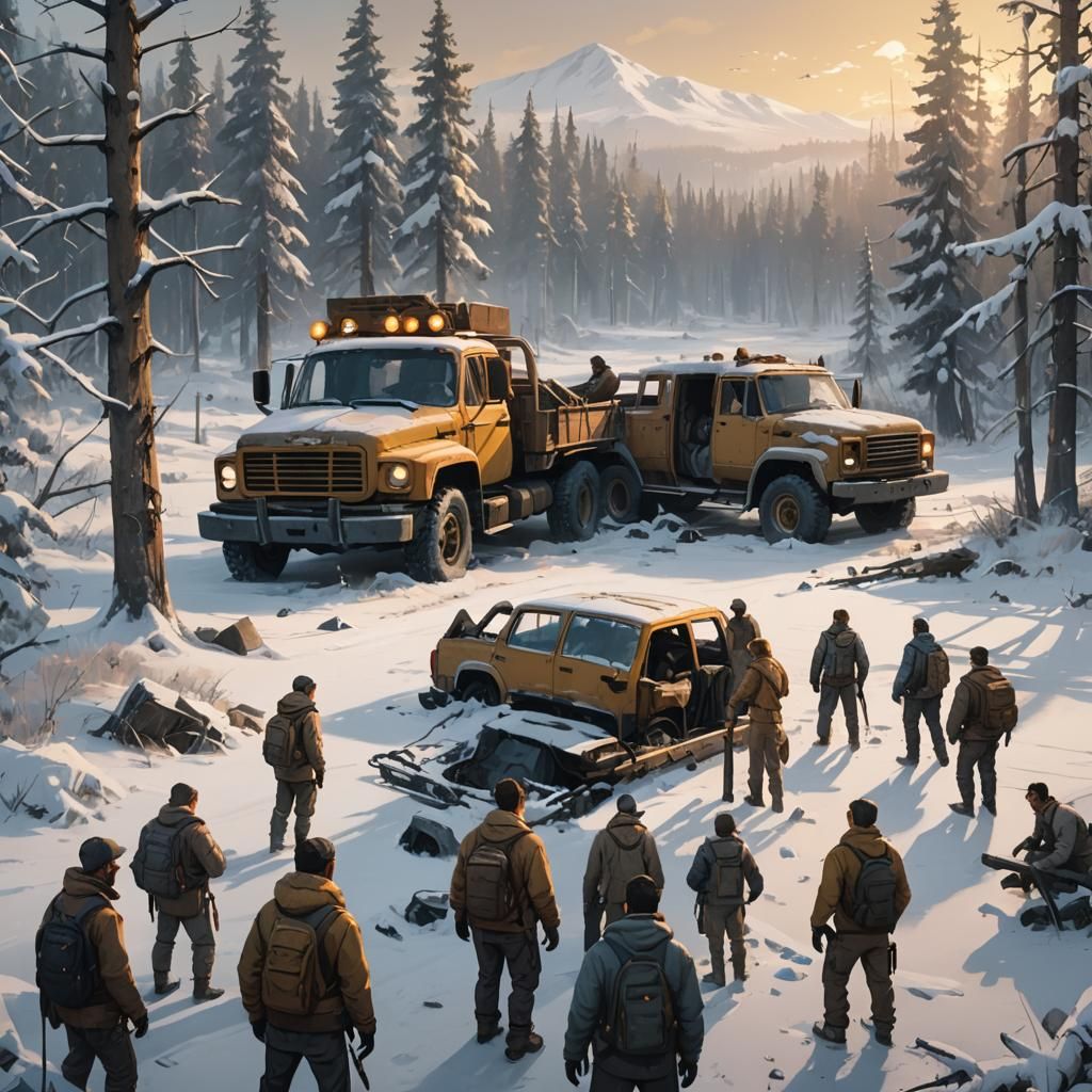 Survivalists in Devastated Winter Landscape: Cinematic Conce...