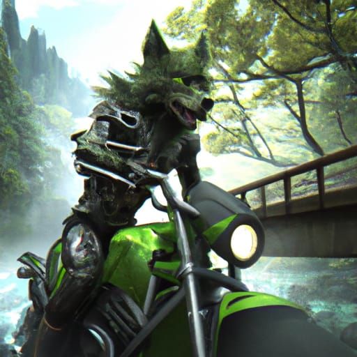 Anthro Green Wolf Warrior on Motorcycle, 8K