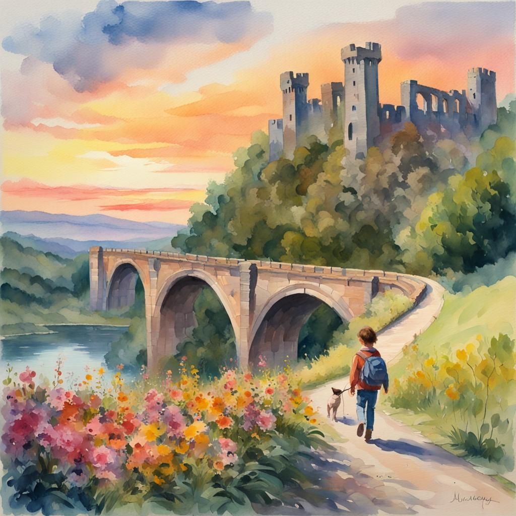 Picturesque Castle Ruins in Gouache Watercolor Style