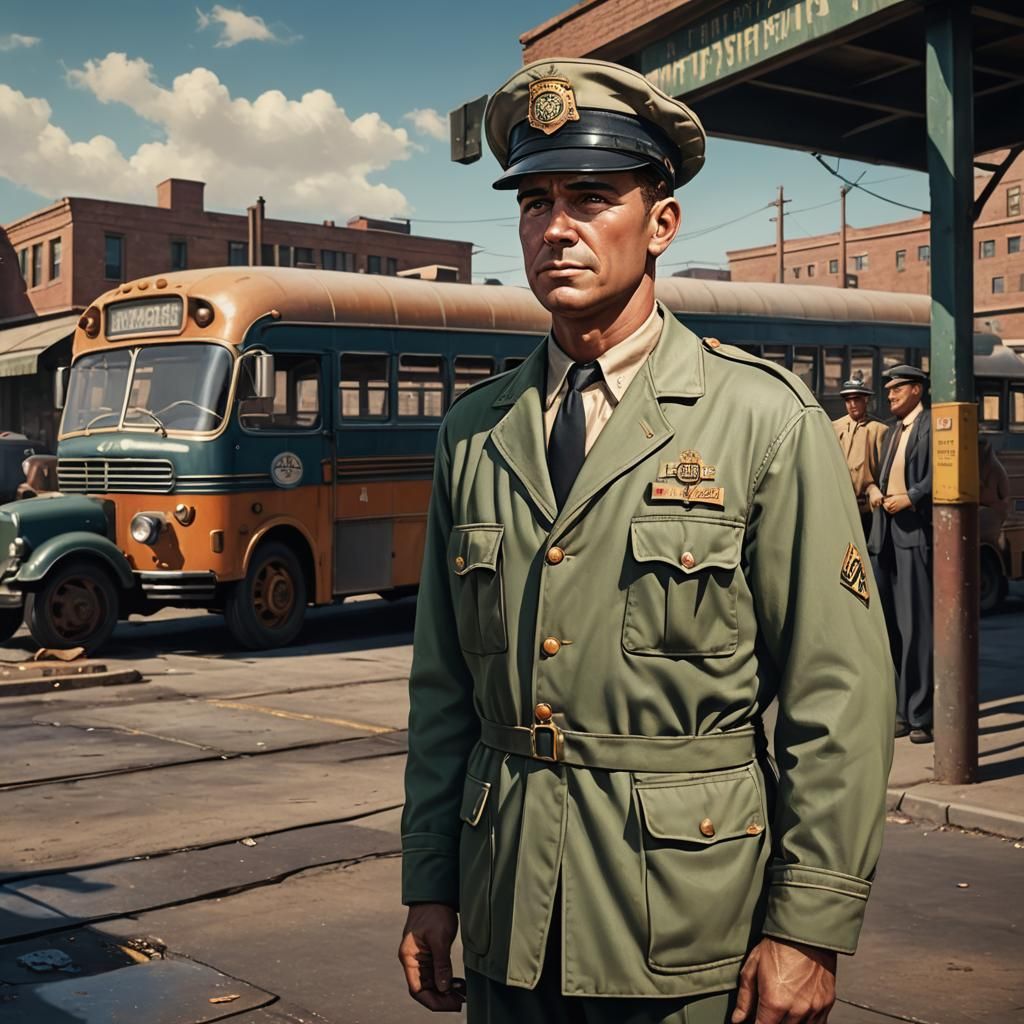 1950s Bus Driver Prepares for Work: Matte Painting