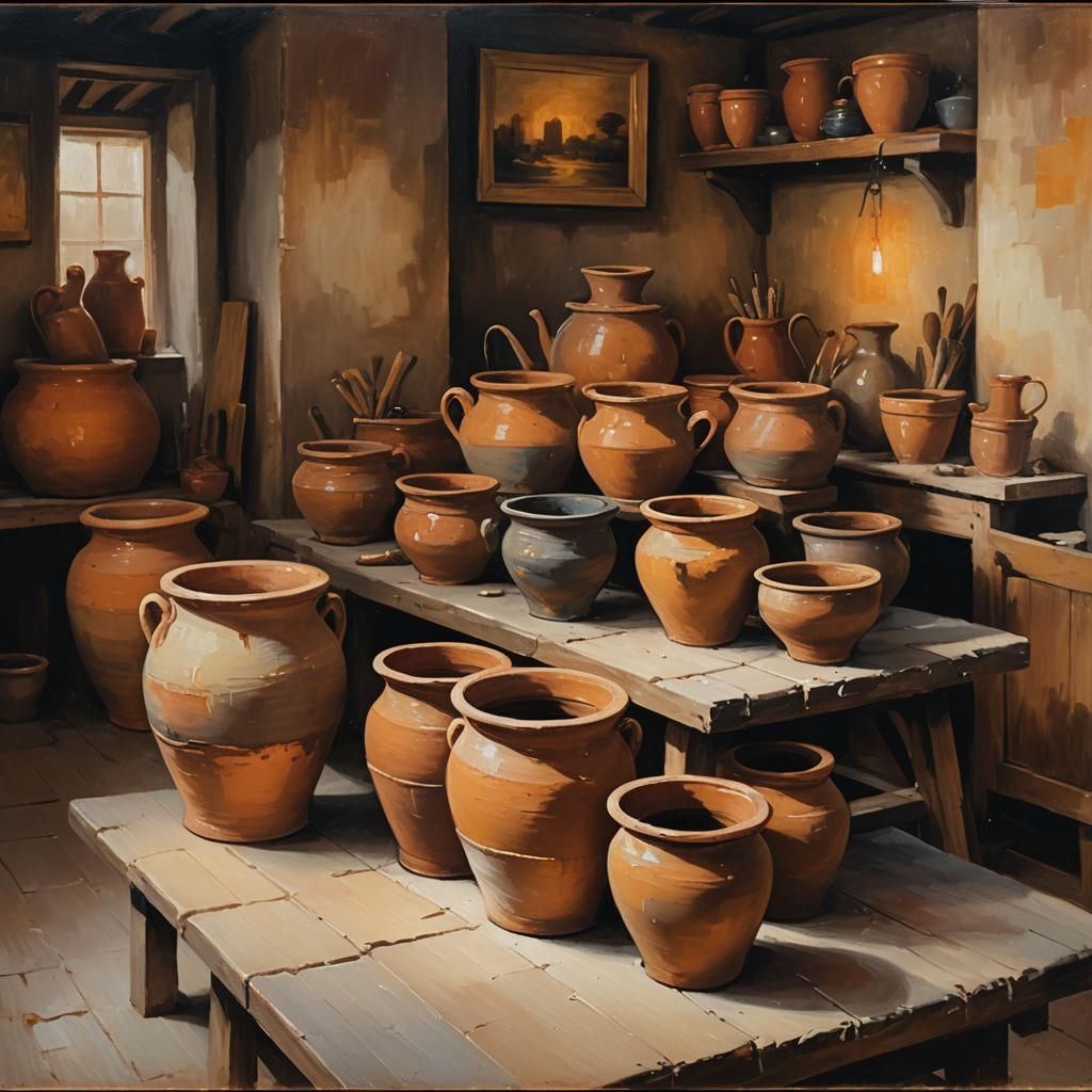 Terracotta Pots in Studio as Oil Painting