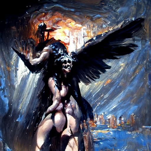 Evil Angel in Hellscape as Oil Painting