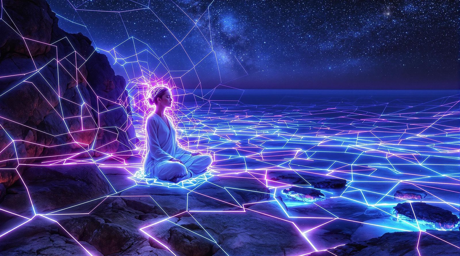 Woman in Lotus Position Amidst Cosmic Energy Grid