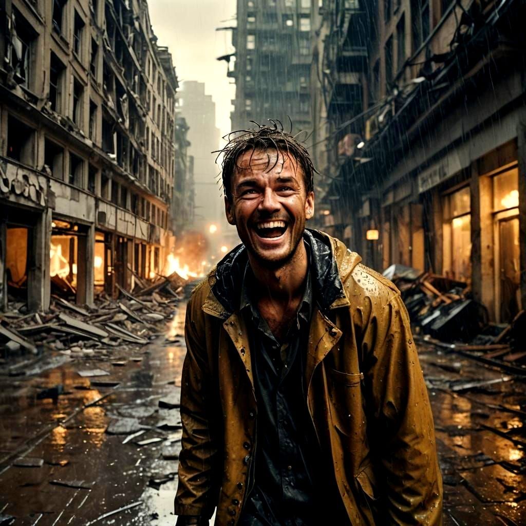 Laughing Man in Ruined City: Cinematic Film Still