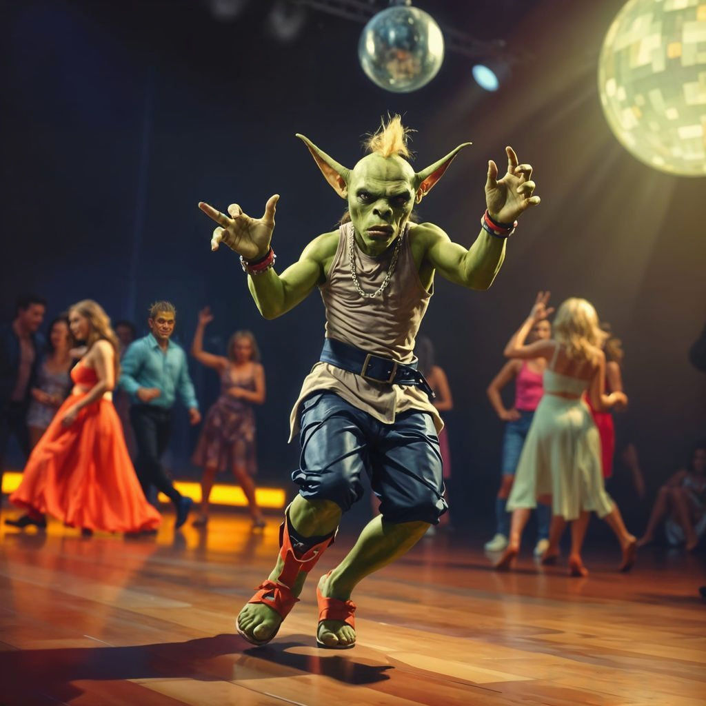 Hyperrealistic Disco Dancer Orc on a Glittering Stage