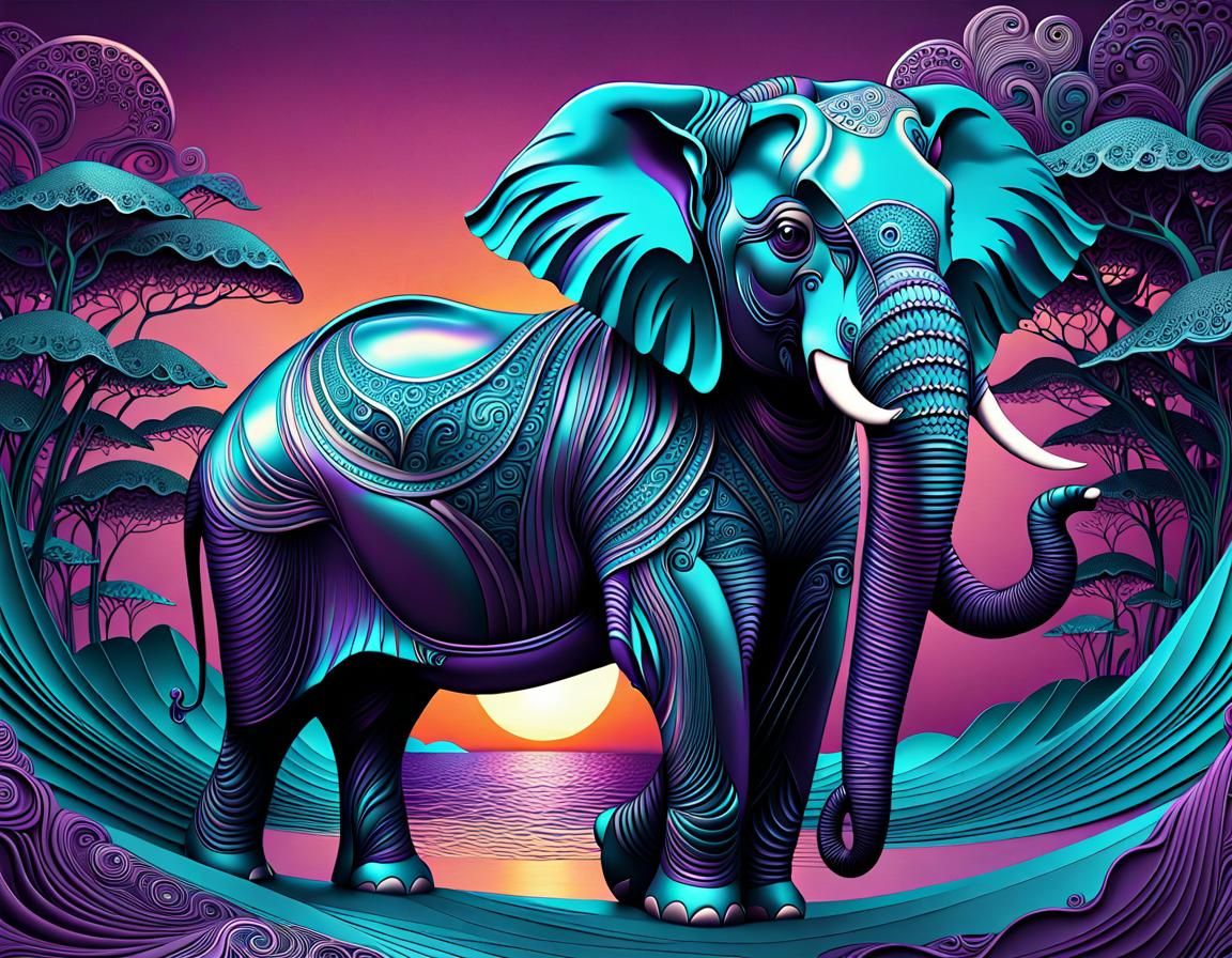 Woman and Elephant Sunset in Metallic Art Brut