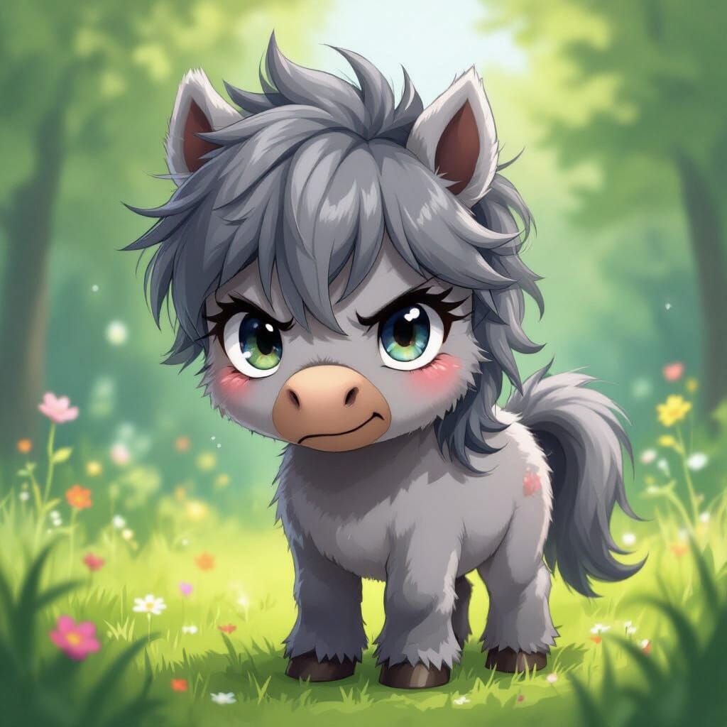 Cute Grey Pony with Cantankerous Face in Anime Style