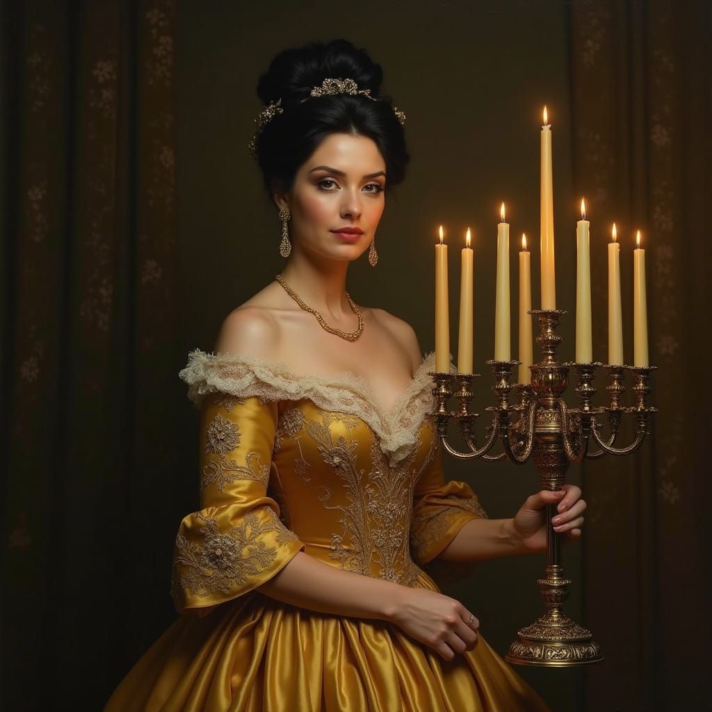 Elegant Victorian Countess in Gold Satin Gown