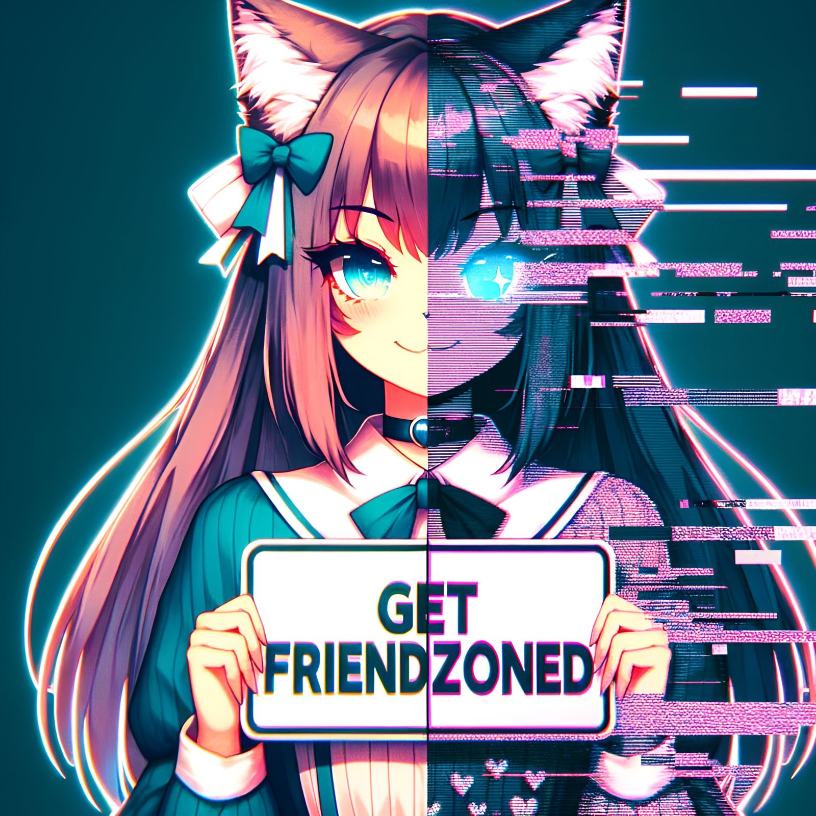 Anime Cat Girl in Glitchcore Double Exposure
