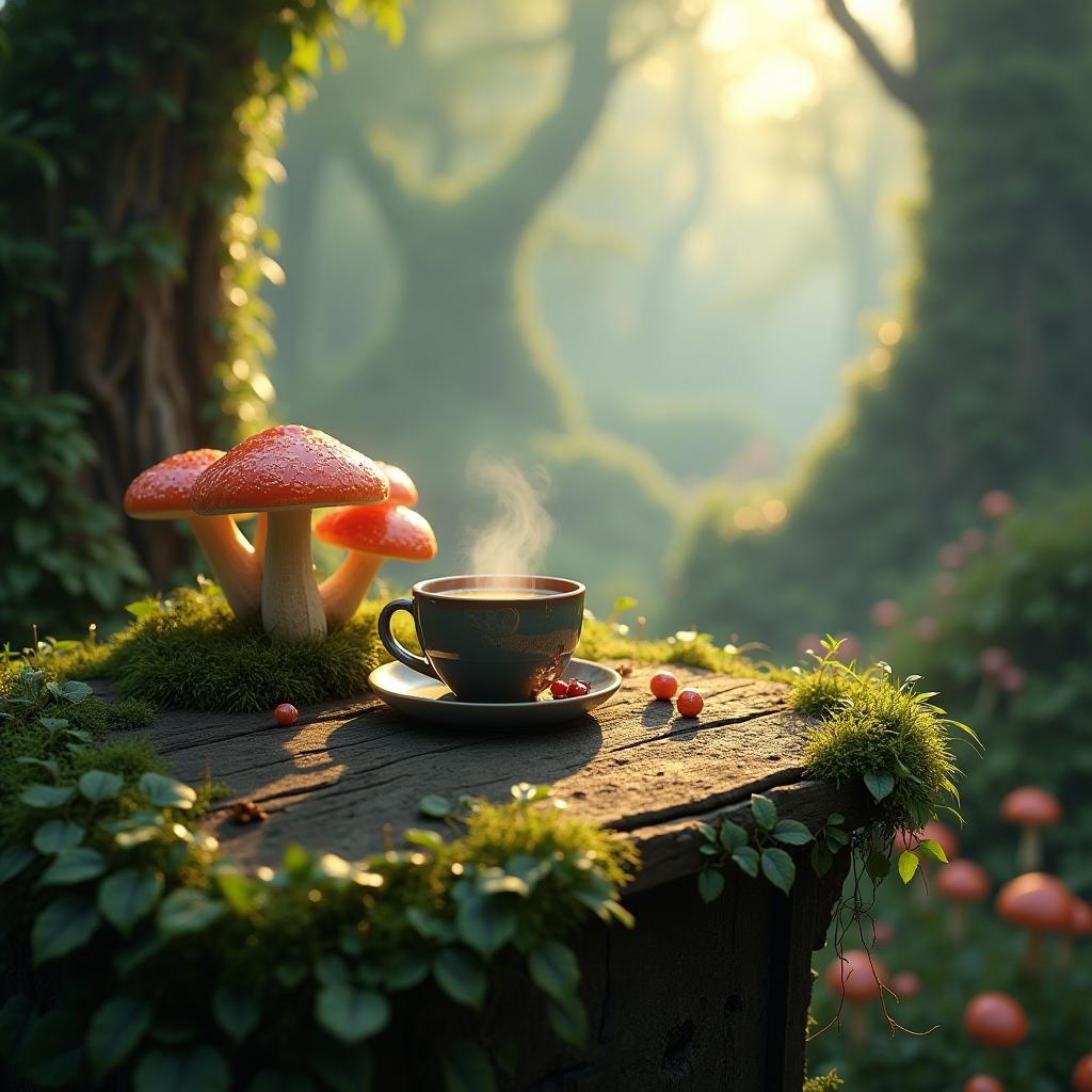 Dreamlike Coffee Scene with Iridescent Mushrooms