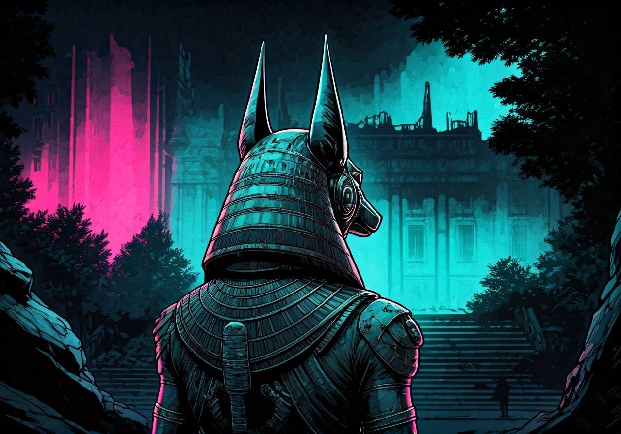 Futuristic Anubis in Neon Ruins, Graphic Novel Style