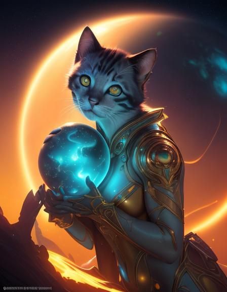 Ethereal Kitten with Exotic Planet, Art Nouveau Style