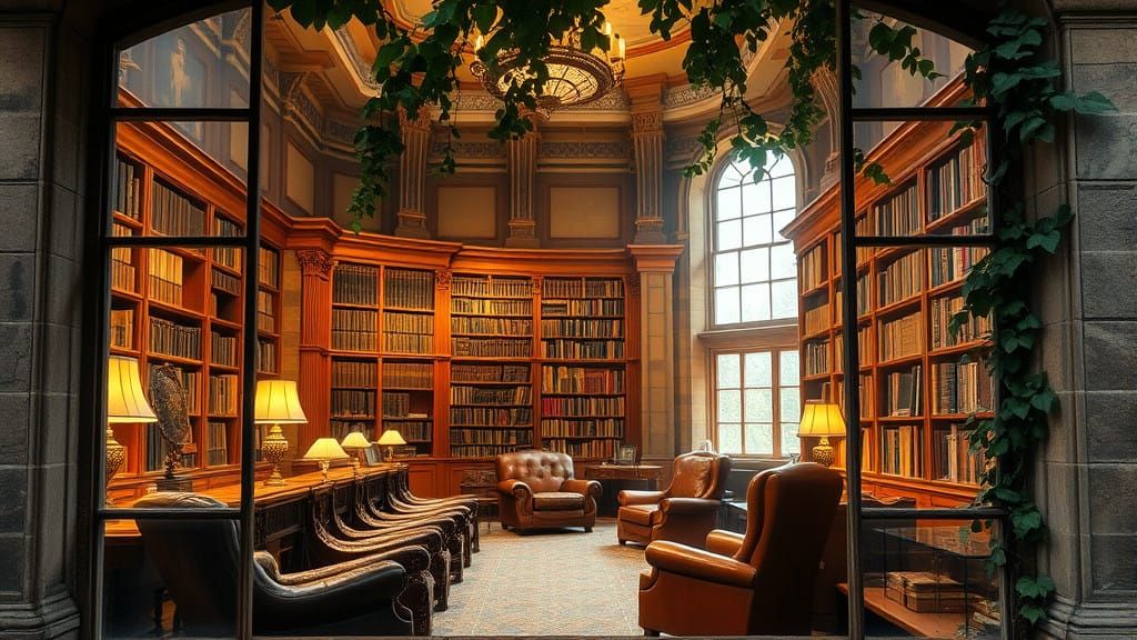 English Library Interior in Golden Light through Rustic Wind...