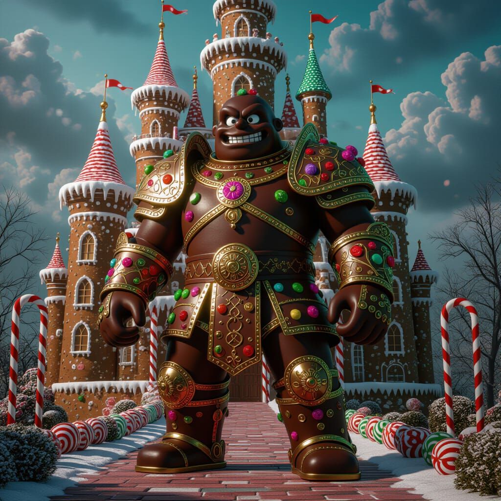 Chocolate Golem Guarding Gingerbread Castle in Whimsical Sty...
