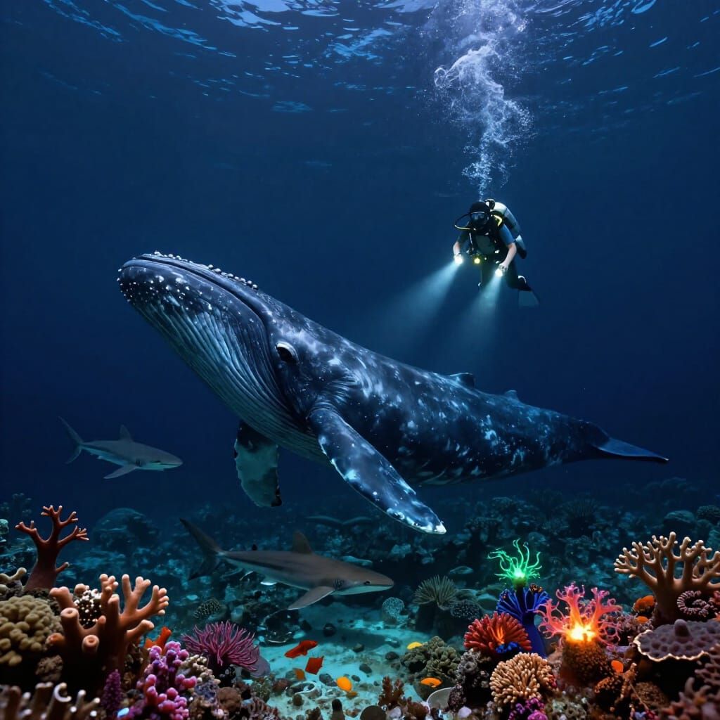 Divers Explore Dark Ocean With Whales and Sharks