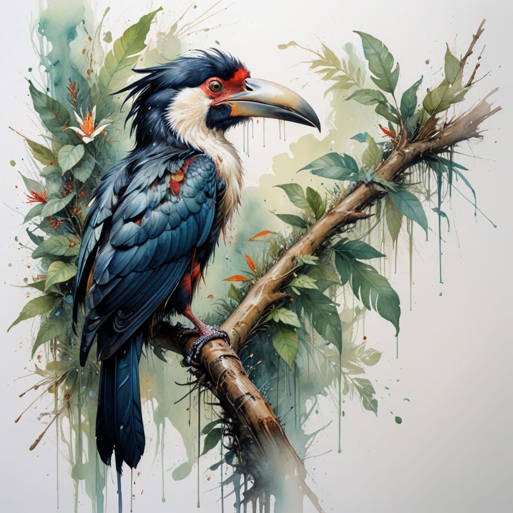 Rainforest Oasis with Cascading Waterfall and Asian Hornbill