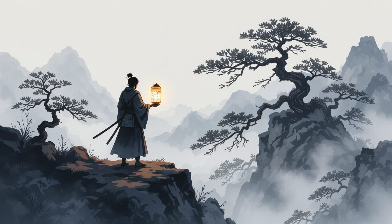 Samurai Warrior with Glowing Lantern on Misty Mountain Peak