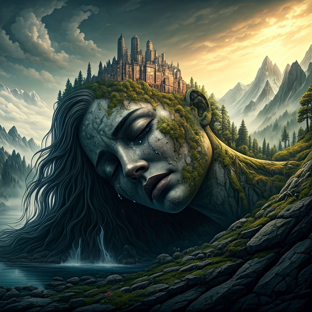 Ancient City on Mystical Mountain Torso, Surrealist Style