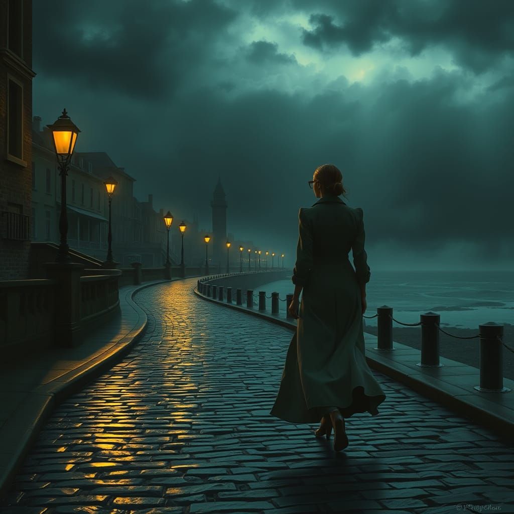 Serene Woman Walks on Wet Cobblestone Road