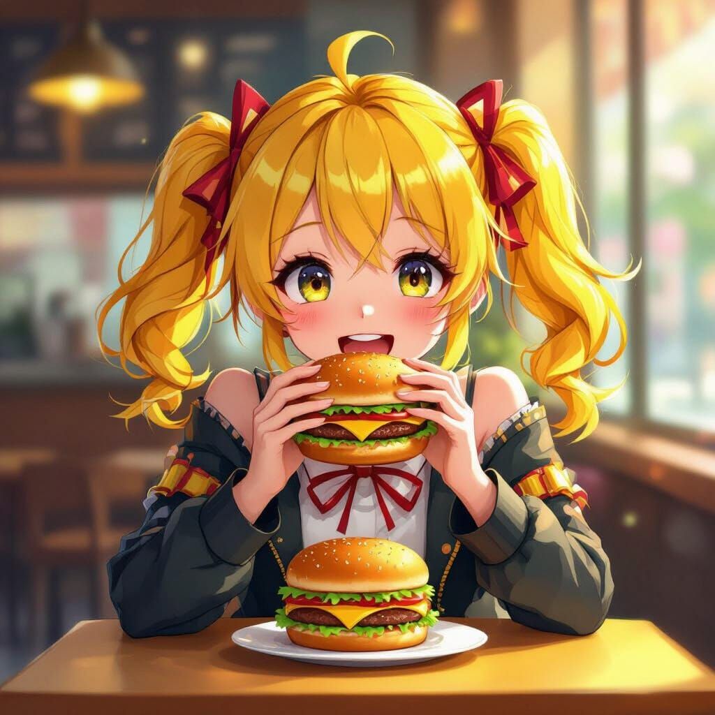 Vocaloid Kagamine Len Enjoys Burger in Cafe