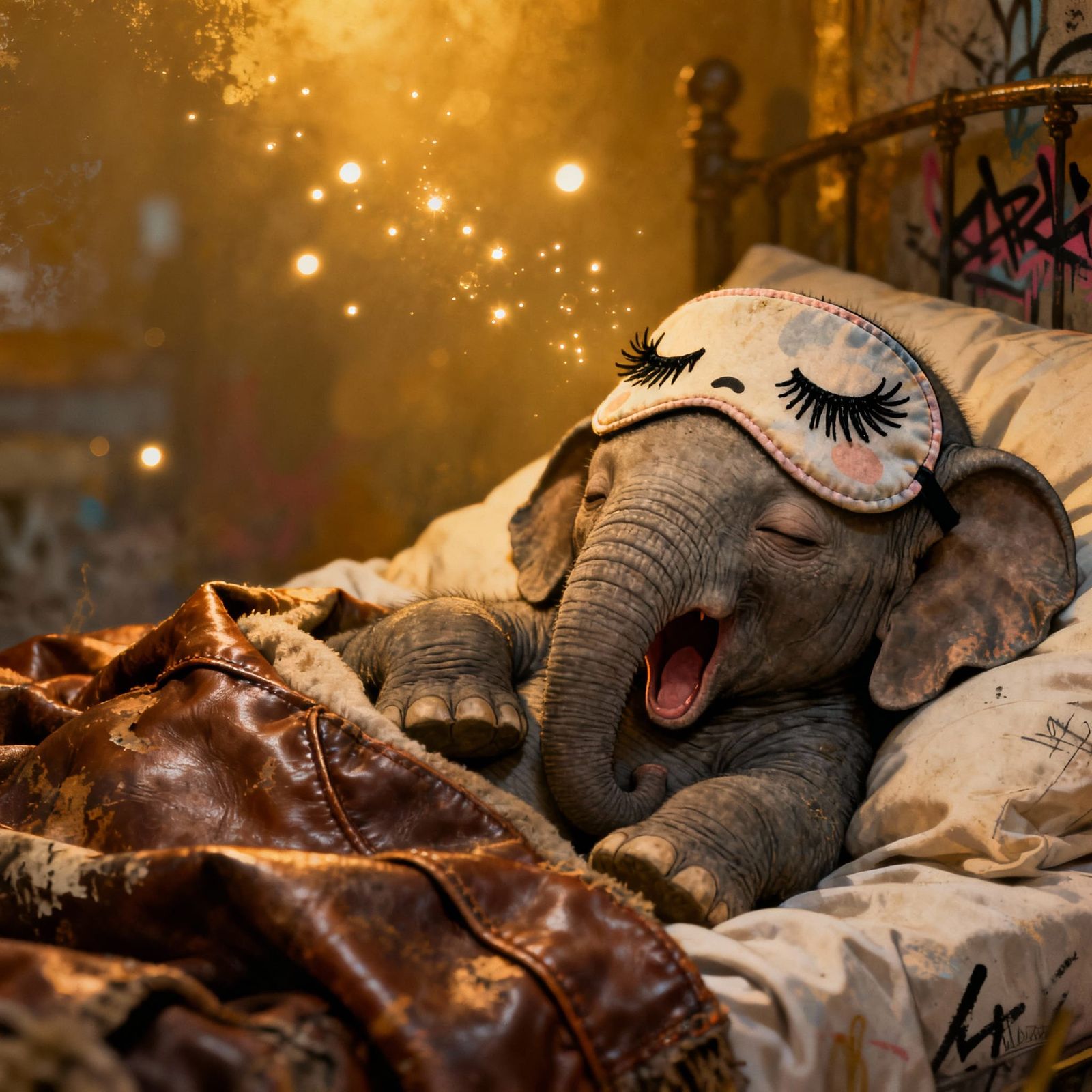 Baby Elephant Sleeping in Cozy Leather Bed