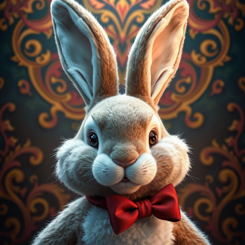 Luxurious Plush Bunny in Crimson Bow Tie Art Nouveau Style