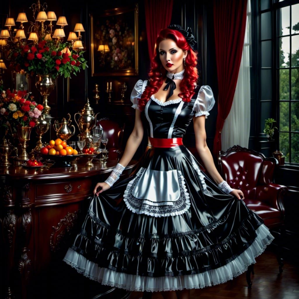 Woman in See-Through Latex French Maid Dress