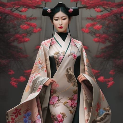 Japanese Woman in Kimono with Cherry Blossoms