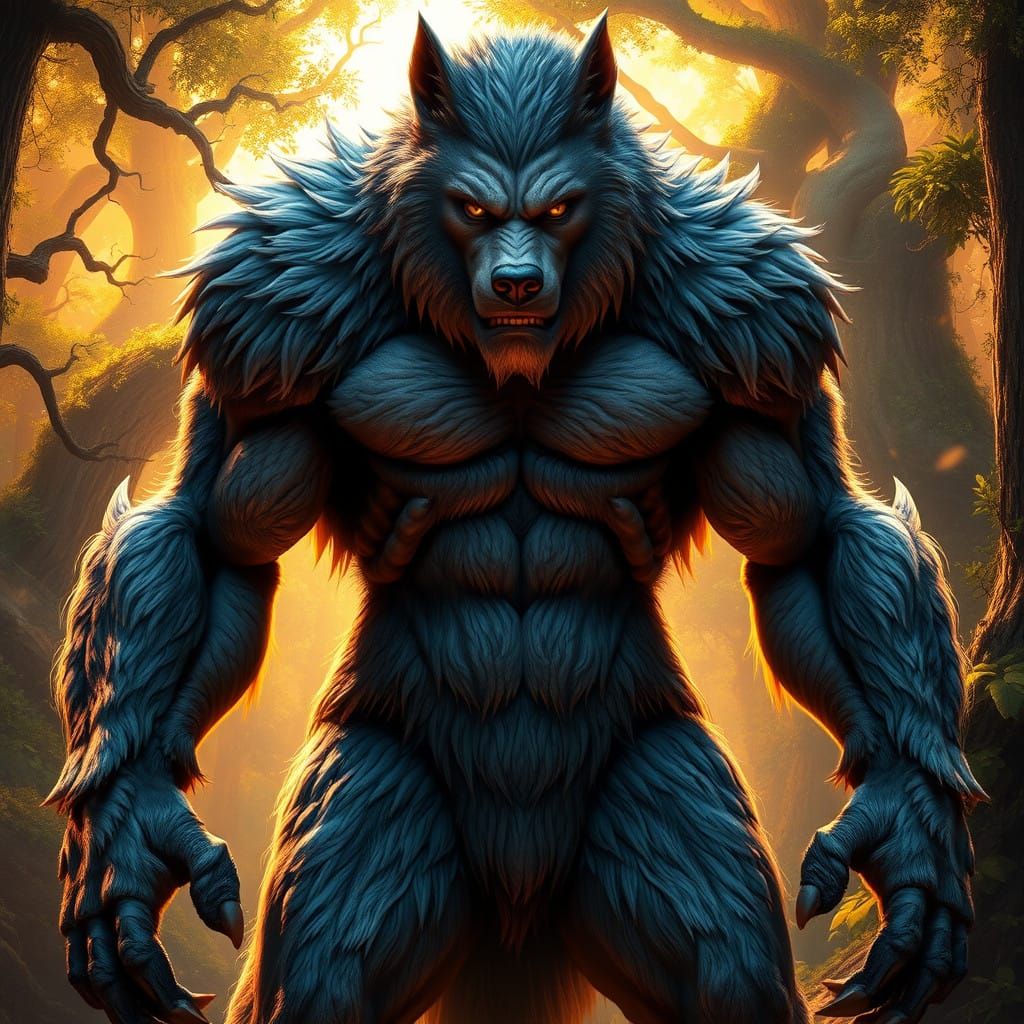 Majestic Wolfman in Vibrant Fantasy Landscape