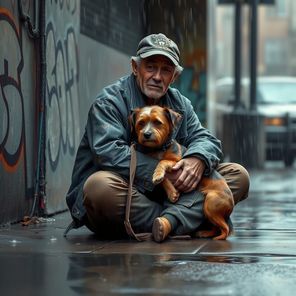 Homeless Man Finds Comfort in a Dog's Warmth on a Rainy Day