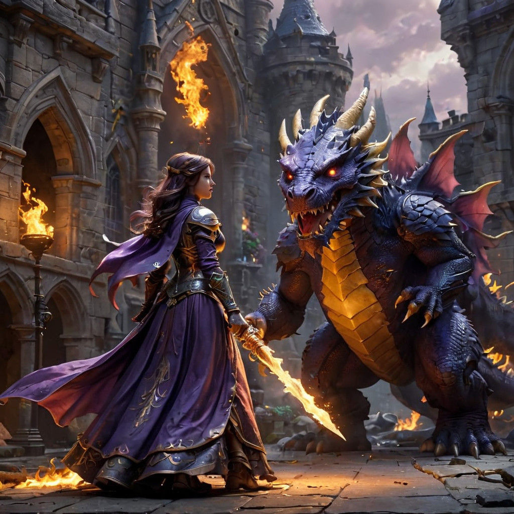 Dark Fantasy Princess Battles Fiery Dragon in Castle Siege
