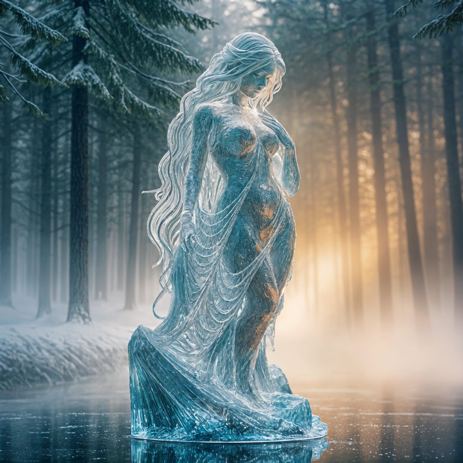 Hyperrealistic Crystal Woman in Forest
