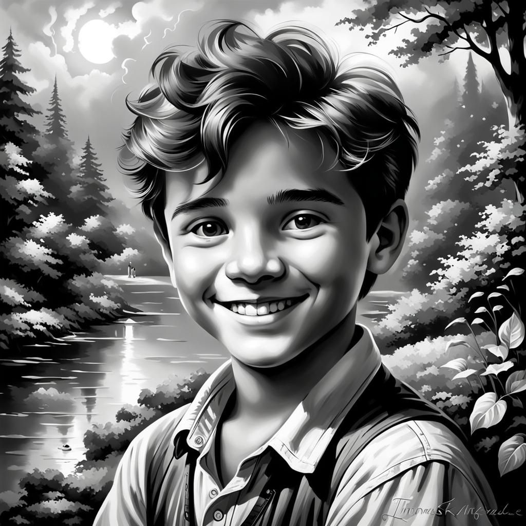 Monochrome Portrait of Smiling Boy, Painterly Style