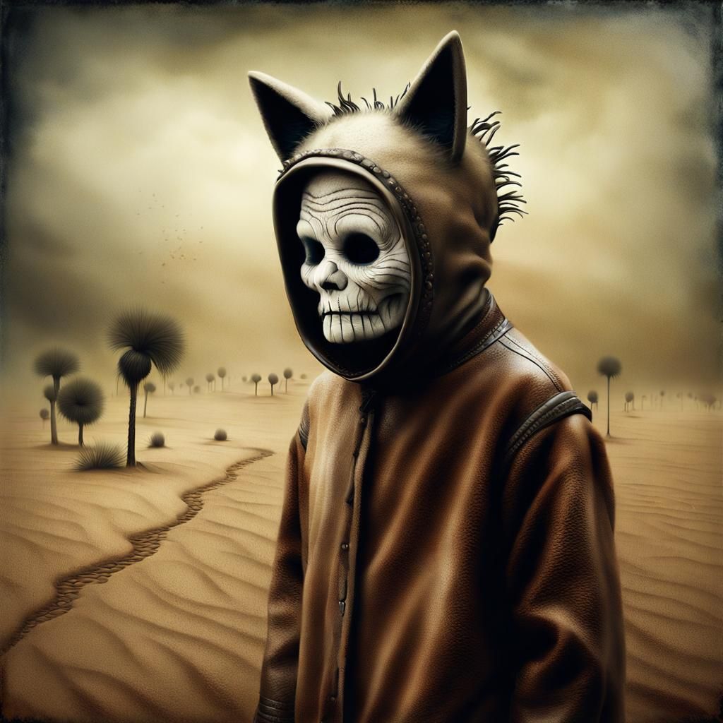 Eerie Sandstorm Portrait of Woman in Cat Pajamas