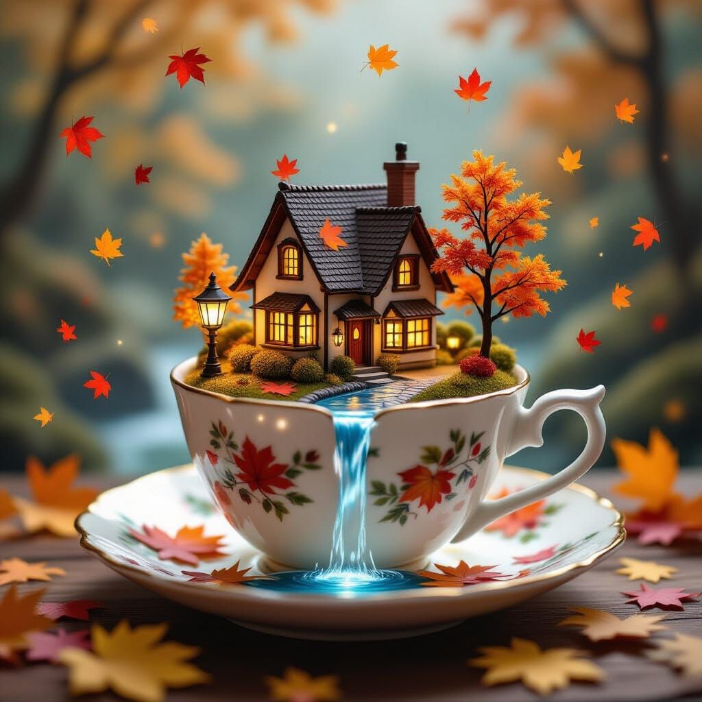 Autumn Village Inside Teacup with Glowing Lanterns