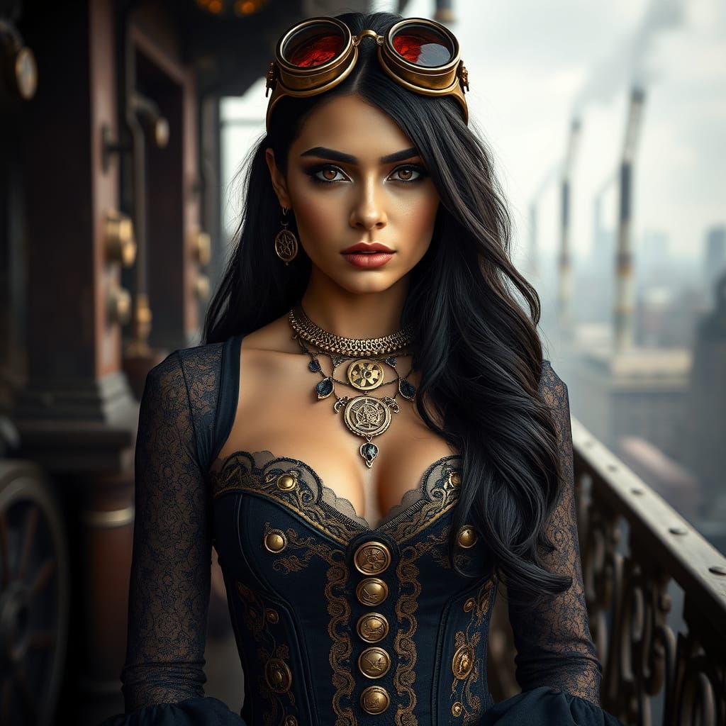 Steampunk Oracle: Colombian Woman in Mechanical Elegance