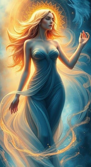 Divine Feminine Figure in Dreamlike Celestial Swirl