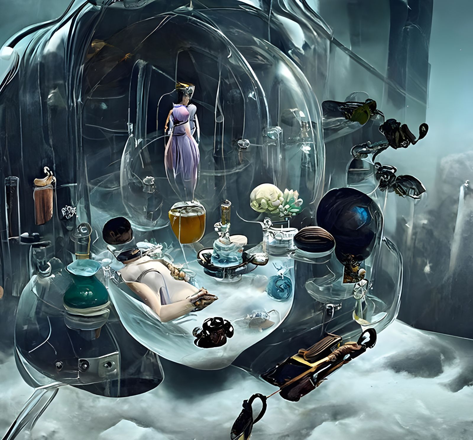 Frozen Anime Woman in Dieselpunk Cryogenics Lab