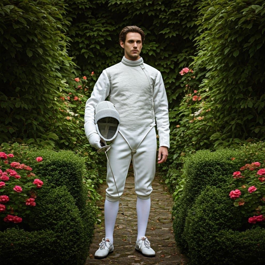 Elegant Gentleman in Fencing Attire Amidst Vibrant Garden