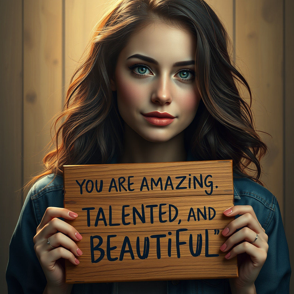 Woman Holding Affirmation Sign: Hyperdetailed Portrait