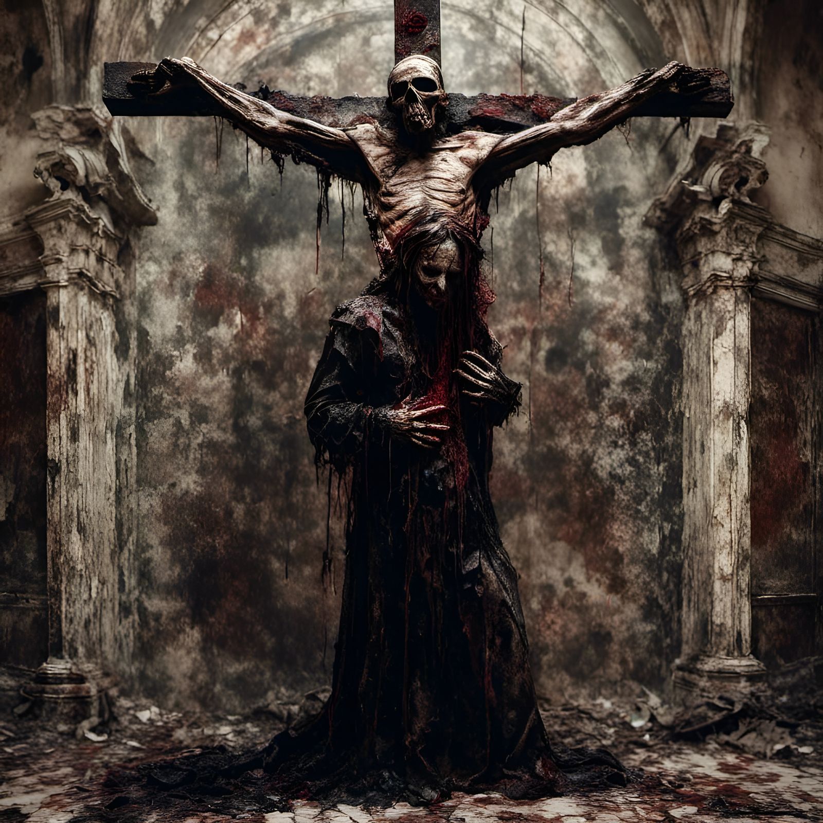 Rotting Zombie Priest Kissing Crucifix in Baroque Style