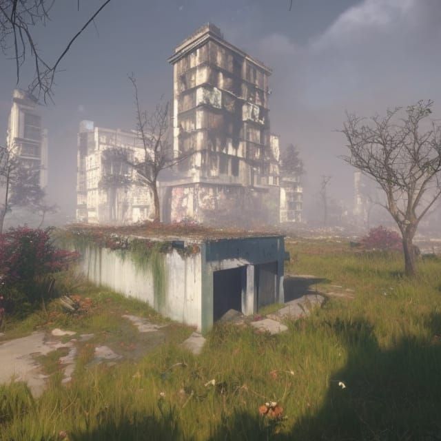 Post-Apocalyptic City Plaza Reclaimed by Nature